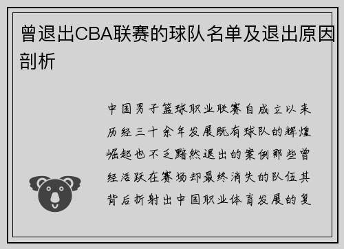 曾退出CBA联赛的球队名单及退出原因剖析